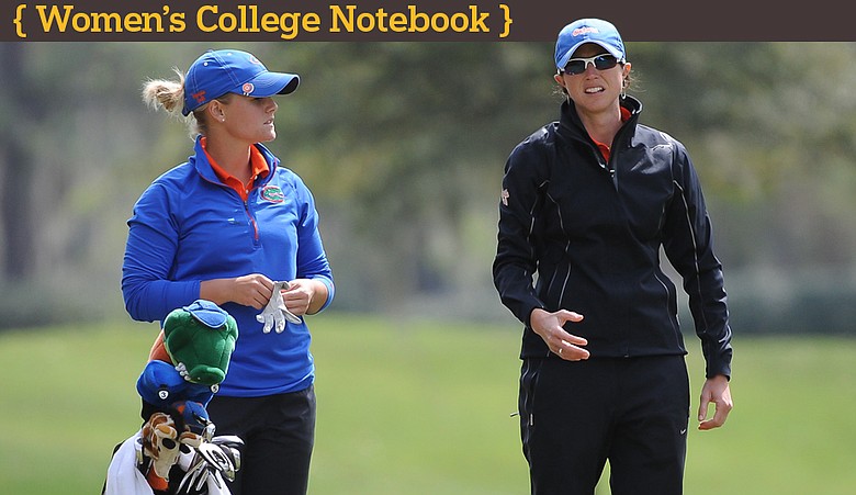 Head coach Jan Dowling (right) talks to Jessica Yadloczky during the final round of the SunTrust Gator Women's Invite.