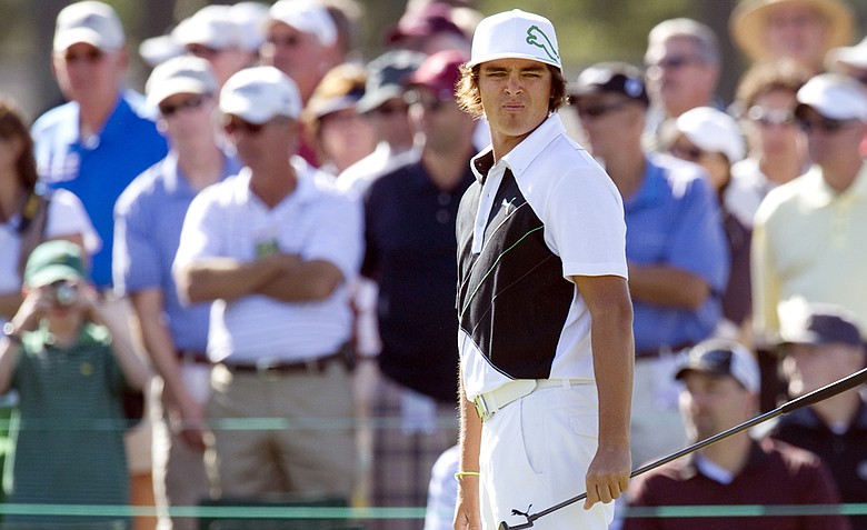 Rickie Fowler of the US is seen on the 9th green during a practice round prior to the 2011 Masters Tournament at Augusta National Golf Club April 4, 2011 in Augusta, Georgia.