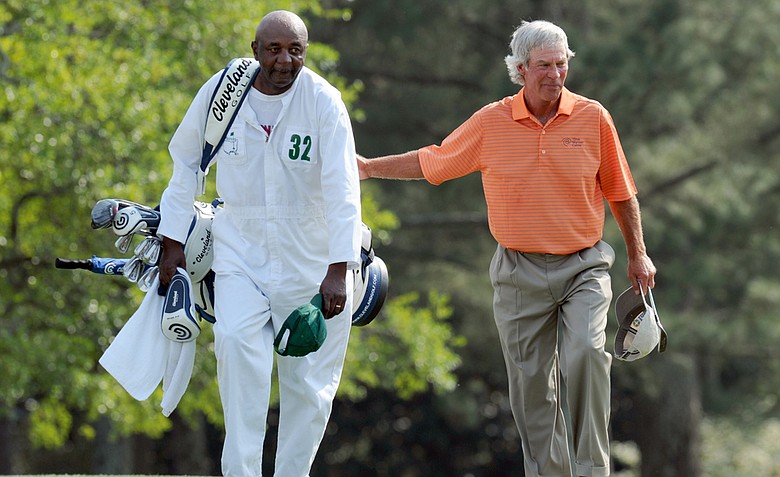 Caddie Carl Jackson and Ben Crenshaw during Friday's second round of the Masters.