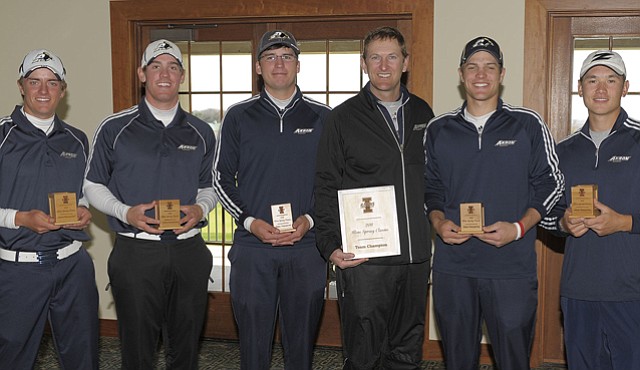 The Akron men's golf team (from left, Charlie Bull, Scott Landreth, Cameron Simmons, Head Coach Nick Goetze, Lucas Murray and Tim Lew) after winning the Illini Spring Classic