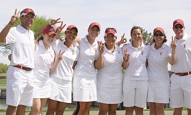 USC players and coaches celebrate after winning the 2011 Pac-10 Women's Championship.