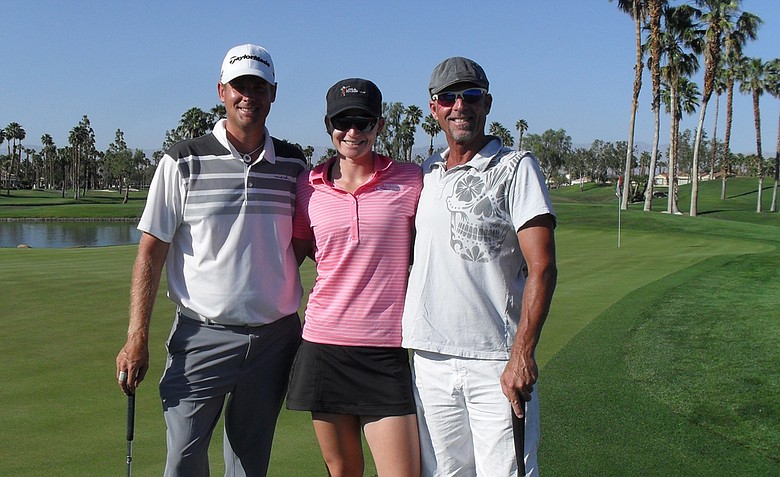 Robin Freeman, Nicole Noelle Smith and Alex Coe on the 18th hole of Palmer Private out at PGA WEST.