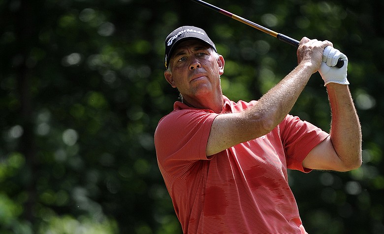 Tom Lehman hits from the ninth tee box during the final round of the Regions Tradition at Shoal Creek on May 8, 2011 in Birmingham, Alabama.