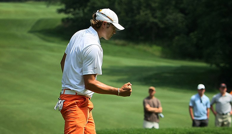 Oklahoma State's Peter Uihlein pumps his fist at the ninth hole during his quarterfinal match against Ohio State's Bo Hoag.