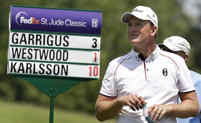 Robert Karlsson, of Sweden, prepares to tee off on the eighth hole during the second round of the St. Jude Classic golf tournament Friday, June 10, 2011, in Memphis, Tenn. Karlsson ended up with bogey on the hole and ended at 9-under part after the first two days of the tournament.