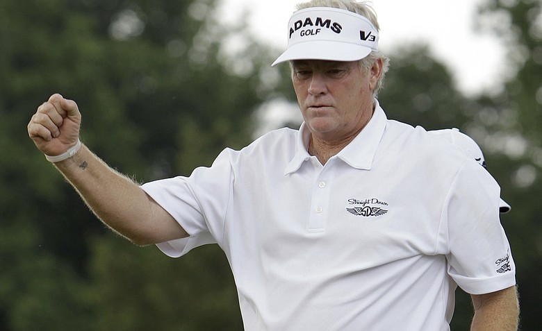 Mark Wiebe reacts after making a birdie putt on the first hole of sudden death in the Greater Hickory Classic Champions Tour golf tournament at Rock Barn in Conover, N.C., Sunday, June 12, 2011.