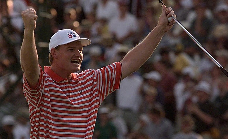 Ernie Els, of South Africa, celebrates after finishing the 18th hole of the final round of the U.S. Open Sunday, June 15, 1997, at Congressional Country Club in Bethesda, Md. Els won the 1997 U.S. Open championship.