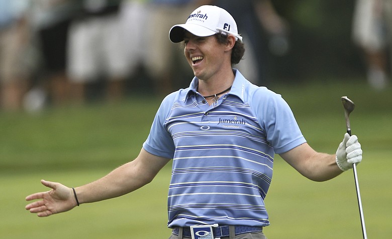 Rory McIlroy, of Northern Ireland, reacts to his eagle on the eighth hole during the second round of the U.S. Open Championship golf tournament in Bethesda, Md., Friday, June 17, 2011.