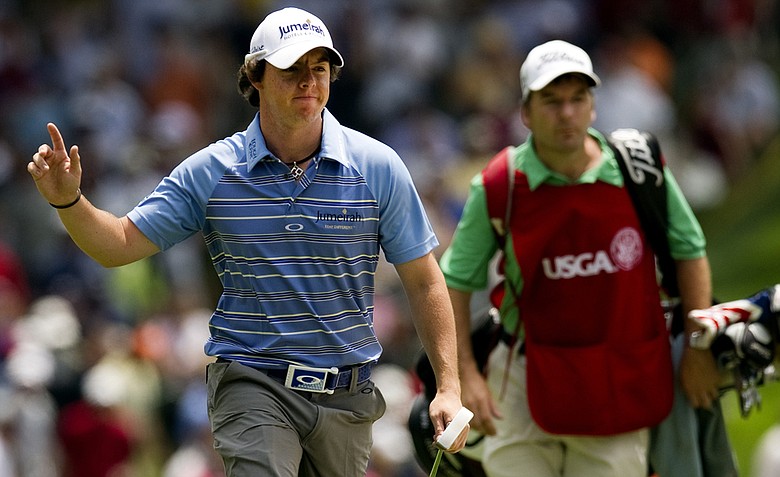 Rory McIlroy waves to the crowd as he approaches the 15th green during the second round of the 111th U.S. Open at Congressional Country Club.
