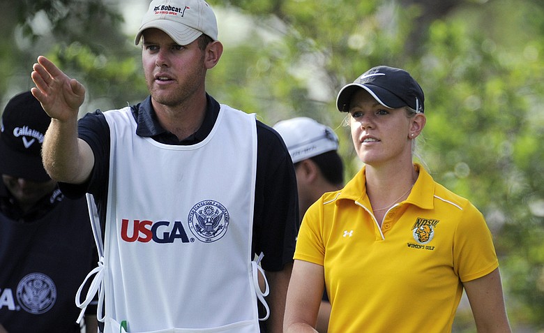 Amy Anderson (right) with her brother-caddie Nathan during the resumption of first-round play Friday at the U.S. Women's Open.