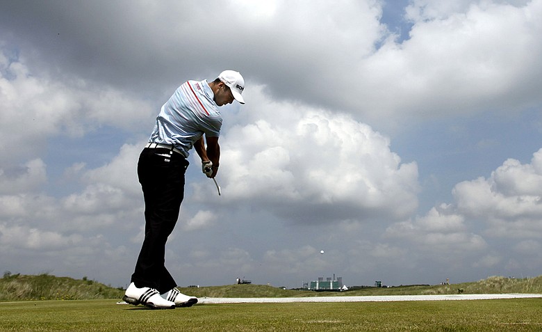 Martin Kaymer tees off on the 10th hole at Royal St. George's during a practice round for the British Open.