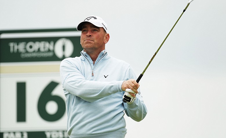 Thomas Bjorn tees off on the 16th hole Thursday at the Open Championship