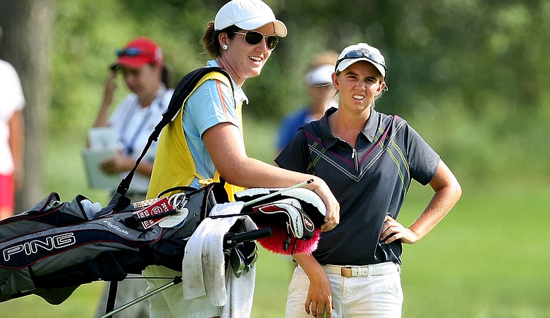 Summar Roachell and her caddie Nora Lucas during the Round of 16 at the 63rd U.S. Girls' Junior Championship at Olympia Fields Country Club.