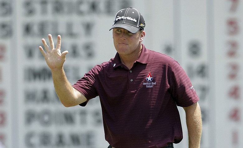 D.A. Points reacts after making a birdie on the 14th hole during the second round of the PGA Championship golf tournament Friday, Aug. 12, 2011, at the Atlanta Athletic Club in Johns Creek, Ga.