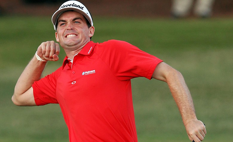 Keegan Bradley celebrates his victory over Jason Dufner on the third playoff hole during the final round of the 93rd PGA Championship at the Atlanta Athletic Club on August 14, 2011 in Johns Creek, Georgia.