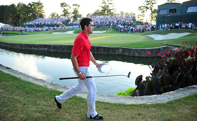 Keegan Bradley walks on the third playoff hole during the final round of the 93rd PGA Championship at the Atlanta Athletic Club on August 14, 2011 in Johns Creek, Georgia.