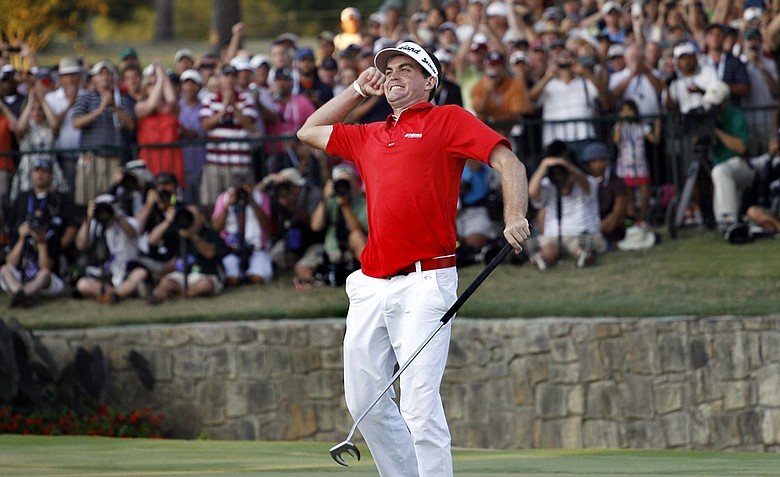 Keegan Bradley exults after winning the PGA Championship on Aug. 14.