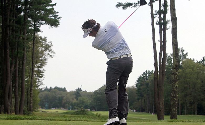 Bubba Watson tees off on the sixth hole during the third round of the Deutsche Bank Championship golf tournament at TPC Boston in Norton, Mass., Sunday, Sept. 4, 2011.