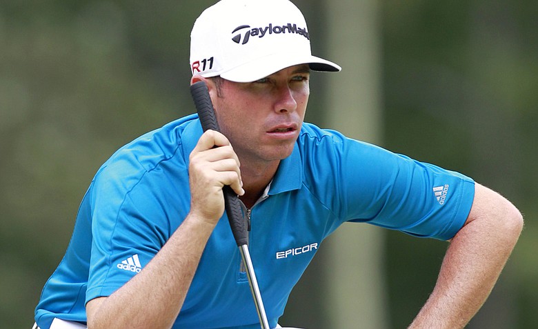Chez Reavie lines up a putt on the first hole during the third round of the Deutsche Bank Championship golf tournament at TPC Boston in Norton, Mass., Sunday, Sept. 4, 2011. Reavie finished tied for second place with 10-under par.