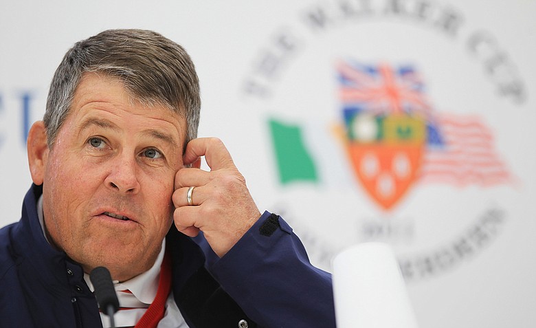 Jim Holtgrieve, captain of the U.S. Walker Cup team, talks with the media Sept. 9 during the final day of practice on the Balgownie Links at Royal Aberdeen (Scotland) Golf Club.
