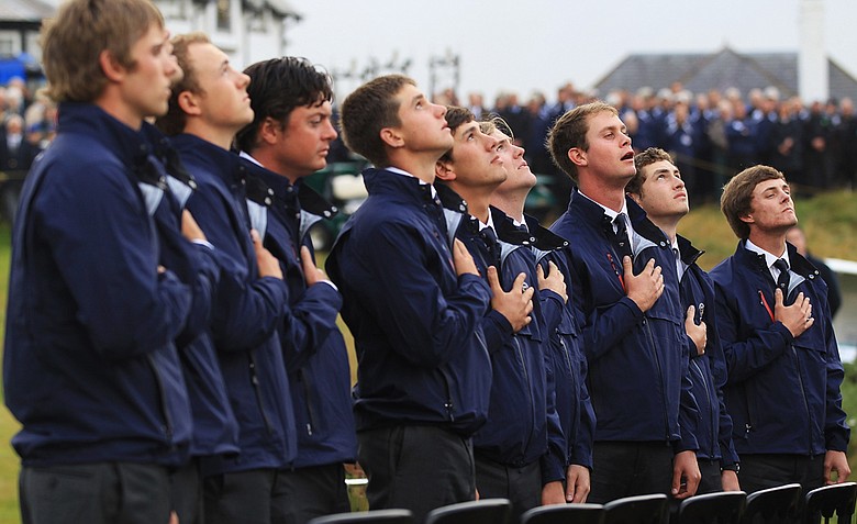 The U.S. team sings the national anthem during the opening ceremony of the 2011 Walker Cup held on the Balgownie Links at Royal Aberdeen Golf Club on Sept. 9 in Aberdeen, Scotland.