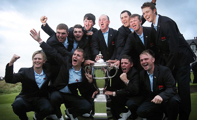 The victorious Great Britain and Ireland team with the Walker Cup at the end of Day 2 of the 2011 Walker Cup held on the Balgownie Links at Royal Aberdeen Golf Club on September 11, 2011 in Aberdeen, Scotland.