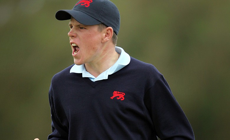 Stiggy Hodgson of Great Britain and Ireland celebrates winning the fourteenth during his singles match on Day 2 of the 2011 Walker Cup held on the Balgownie Links at Royal Aberdeen Golf Club on September 11, 2011 in Aberdeen, Scotland.