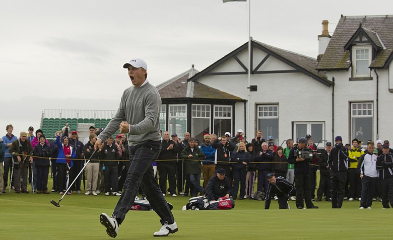 Jordan Spieth (USA) reacts to his made putt on the 18th hole as seen during the morning foursomes round at the 2011 Walker Cup at Royal Aberdeen Golf Club in Aberdeen on Sunday, Sept. 11, 2011.