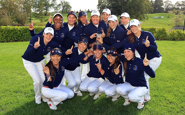 The U.S. team celebrates after retaining the Junior Solheim Cup in Ireland.