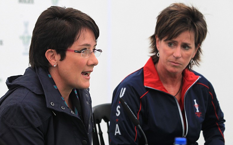 European Solheim Cup captain Alison Nicholas (left) and U.S. captain Rosie Jones meet with the media before the start of the matches in Ireland.