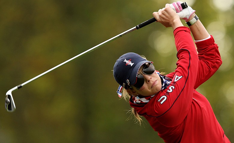 Paula Creamer of the U.S. tees off during the morning foursomes on Day 1 of the 2011 Solheim Cup at Killeen Castle Golf Club on September 23, 2011 in Dunshaughlin, County Meath, Ireland. Creamer and partner Brittany Lincicome would win their morning match, and Creamer would pick up her second win of the day in the afternoon with partner Morgan Pressel.