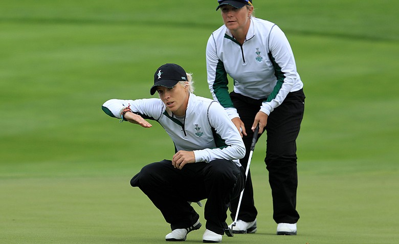 Melissa Reid and Karen Stupples of Europe line up a putt during the morning foursomes on Day 1 of the 2011 Solheim Cup. The European duo would end up losing their match to Paula Creamer and Brittany Lincicome on the 18th hole.