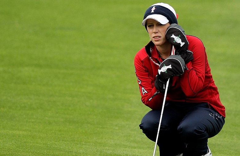 Morgan Pressel lines up a putt during the afternoon fourballs on Day 1 of the 2011 Solheim Cup at Killeen Castle.