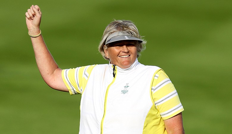 Laura Davies celebrates victory on the 15th hole during the afternoon fourballs on Day 2 of the 2011 Solheim Cup at Killeen Castle Golf Club.