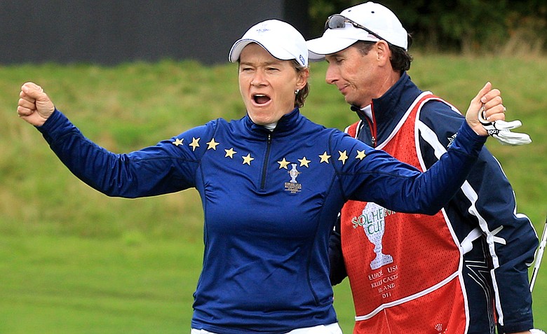 Catriona Matthew of Europe celebrates winning her match on the 13th green during the singles matches on Day 3 of the 2011 Solheim Cup at Killeen Castle Golf Club on September 25, 2011.