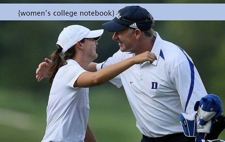 Duke junior Lindy Duncan hugs head coach Dan Brooks after winning the Mason Rudolph Fall Preview in a one-hole playoff.