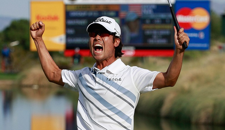 Kevin Na celebrates his two-stroke victory at the Justin Timberlake Shriners Hospitals for Children Open.