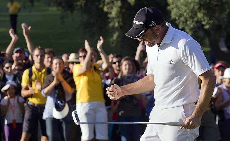 Sergio Garcia of Spain celebrates securing victory during the final round of the Andalucia Masters at Valderrama.