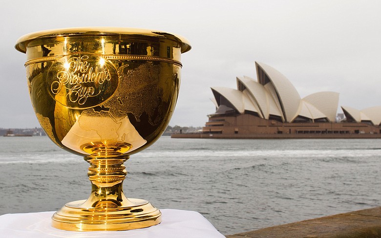 The Presidents Cup trophy on display in front of the Sydney Opera House in Sydney, Australia.