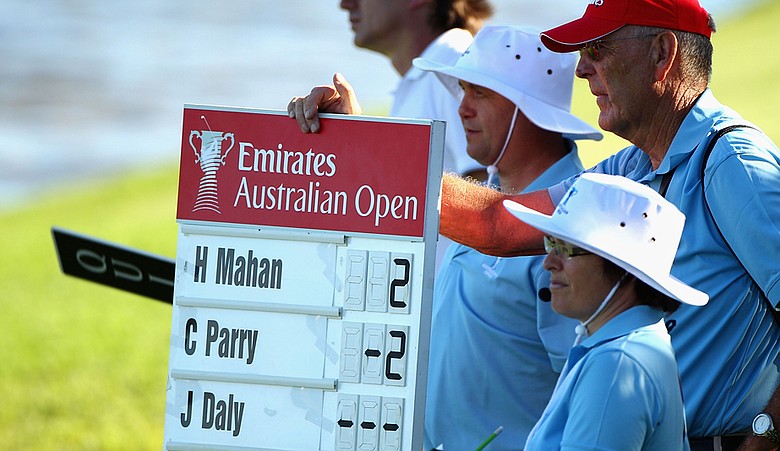 An Australian Open scoreboard shows an incomplete score for John Daly after he walked off the course during the first round.