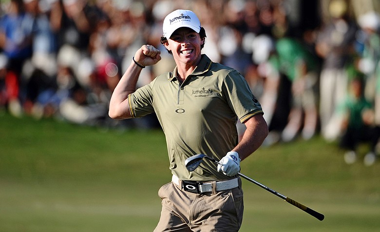 Rory McIlory celebrates his victory on the final hole during the final round of the UBS Hong Kong Open.