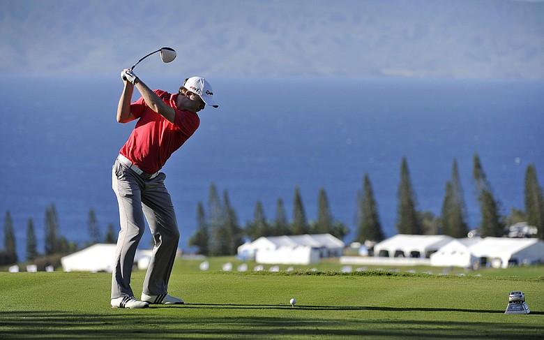 Martin Laird tees off on the 18th hole at Kapalua