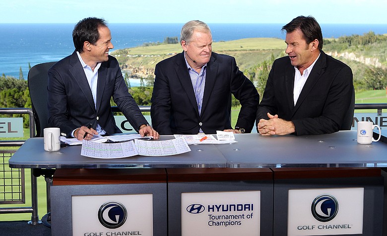 From left, Dan Hicks, Johnny Miller and Nick Faldo of Golf Channel discuss the action during the first round of the Hyundai Tournament of Champions.