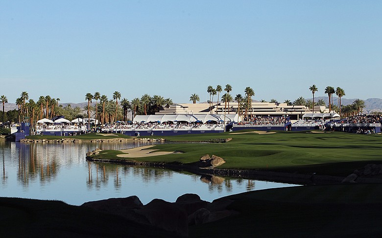 View of the clubhouse on the 18th hole at the Palmer Private course at PGA West