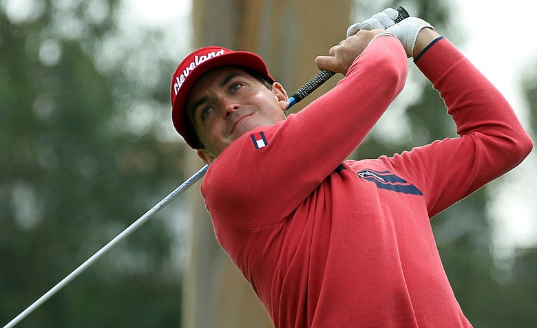 Keegan Bradley hits his tee shot on the ninth hole during the final round of the Northern Trust Open at Riviera Country Club.