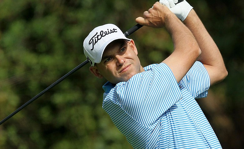 Bill Haas hits his tee shot on the 12th hole during the final round of the Northern Trust Open at Riviera Country Club