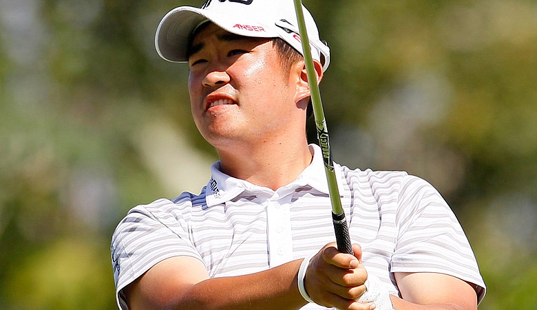 John Huh tees off the 10th hole during the second round of the Mayakoba Golf Classic.