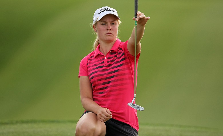 Charley Hull lines up her putt at No. 9 on Friday at the Kraft Nabisco Championship.