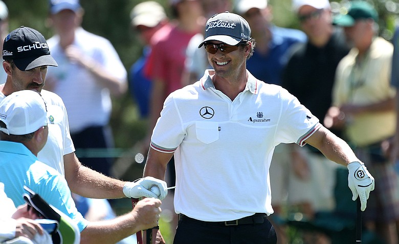 Adam Scott of Australia looks on during a practice round prior to the start of the 2012 Masters Tournament at Augusta National.