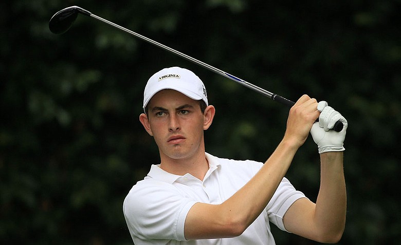 Amateur Patrick Cantlay hits a tee shot during a practice round prior to the start of the 2012 Masters Tournament at Augusta National.